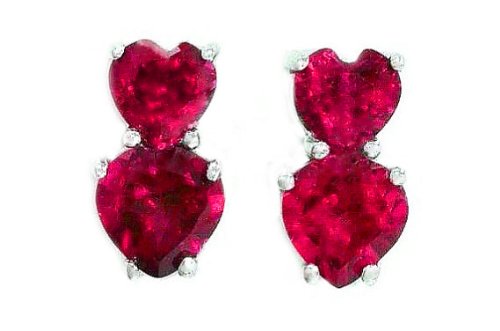 3 Ct Created Ruby Double Heart Stud Earrings .925 Sterling Silver