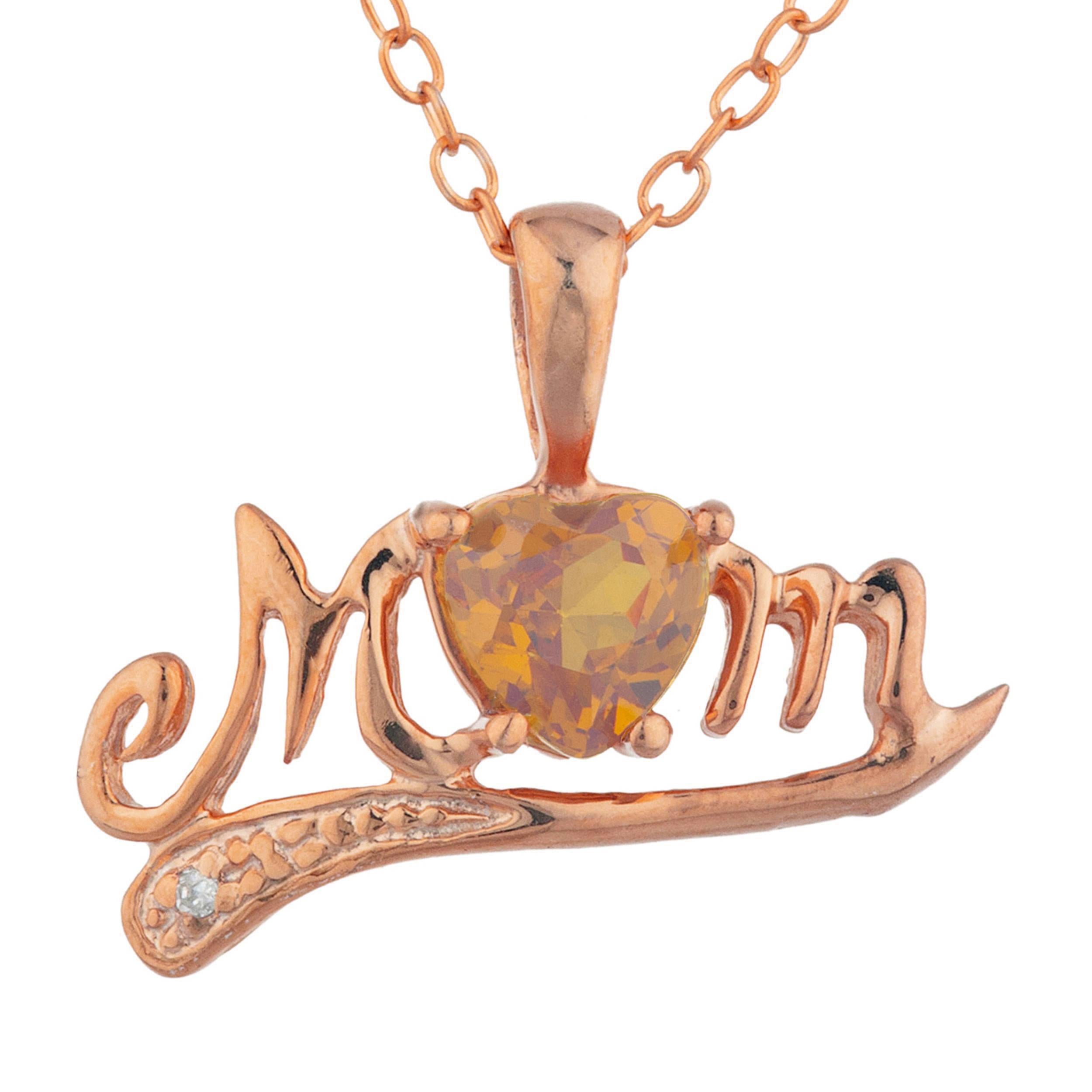 14Kt Gold Orange Citrine & Diamond Heart Mom Pendant Necklace