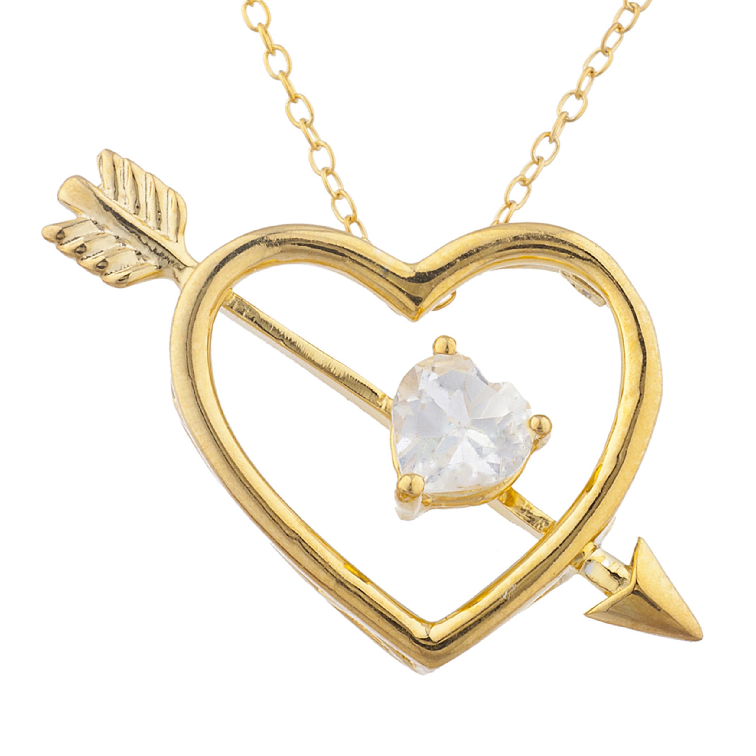 14Kt Gold White Sapphire Heart Bow & Arrow Pendant Necklace