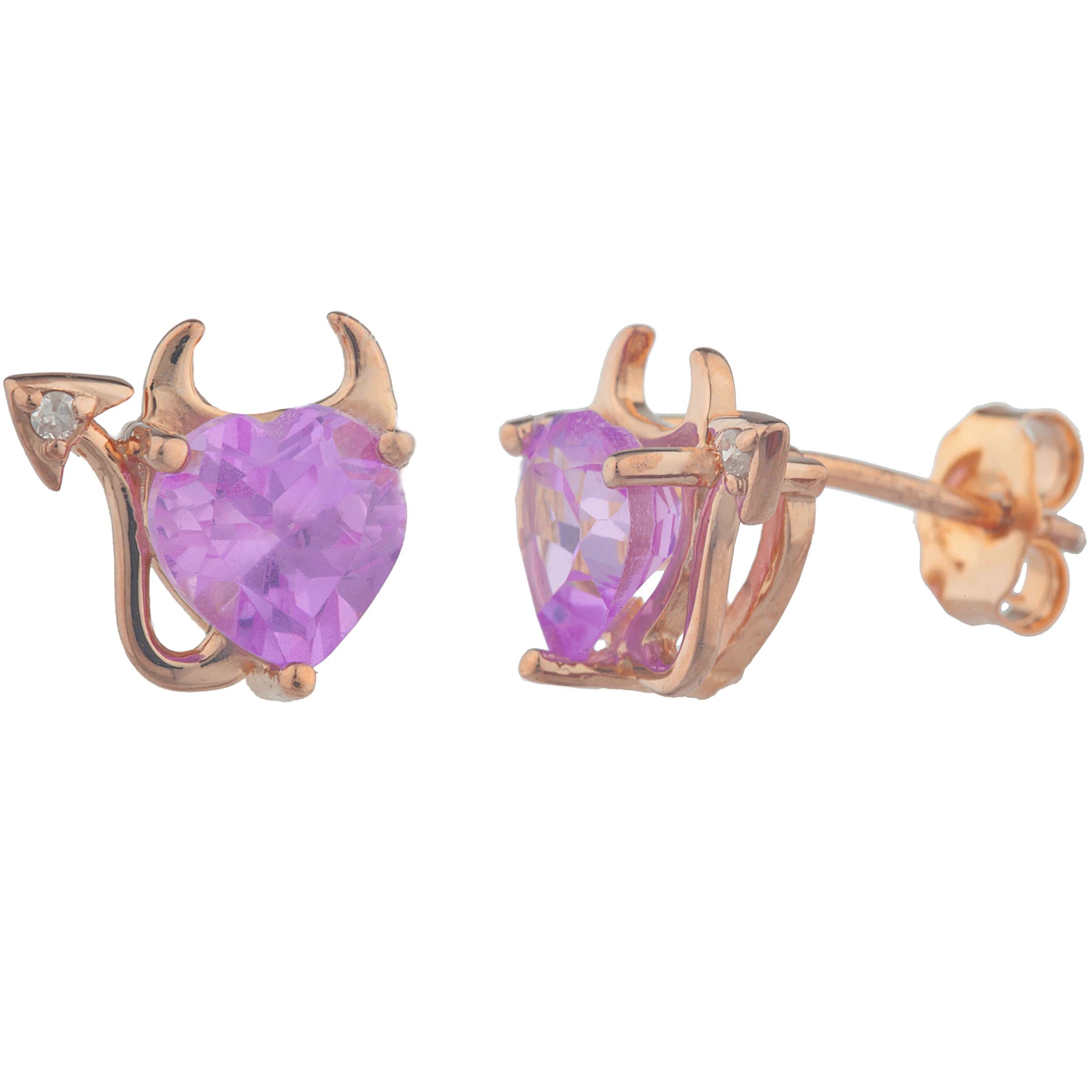 14Kt Gold Pink Sapphire & Diamond Devil Heart Stud Earrings