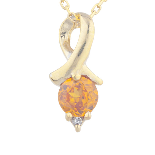 14Kt Gold Orange Citrine & Diamond Round Design Pendant Necklace