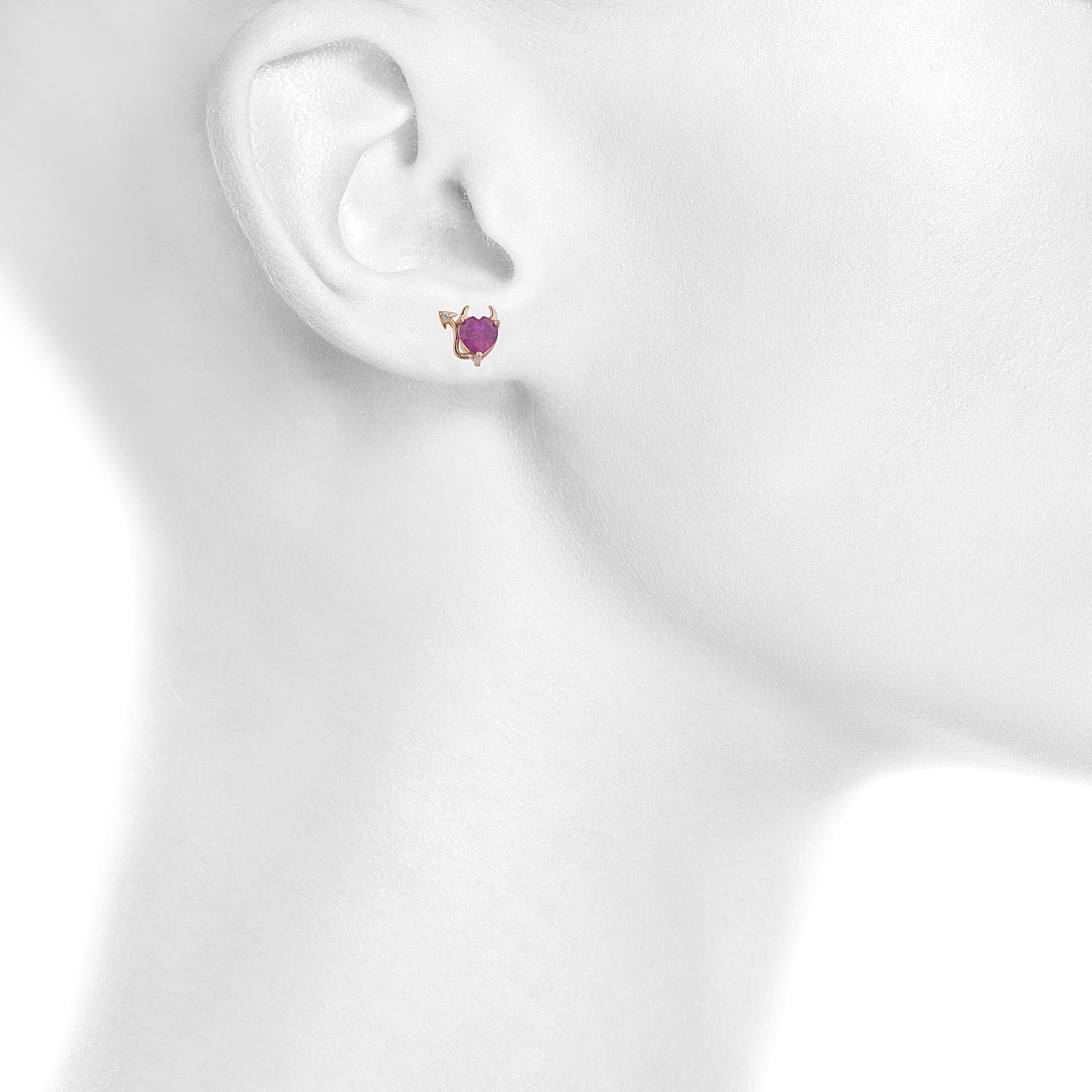 14Kt Gold Created Ruby & Diamond Devil Heart Stud Earrings