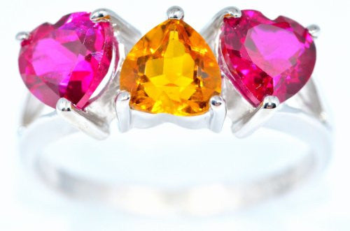 3 Ct Citrine & Created Ruby Heart Ring .925 Sterling Silver Rhodium Finish