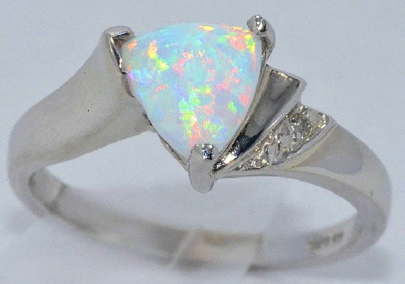 7mm Opal & Diamond Trillion Ring .925 Sterling Silver Rhodium Finish