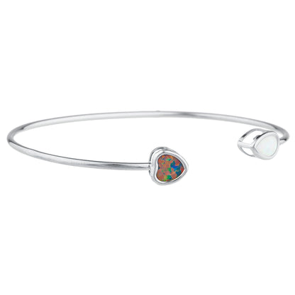 Black Opal Heart & White Opal Pear Bezel Bangle Bracelet .925 Sterling Silver Rhodium Finish