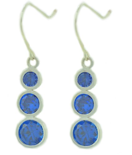 3 Bezel Blue Sapphire Dangle Earrings .925 Sterling Silver