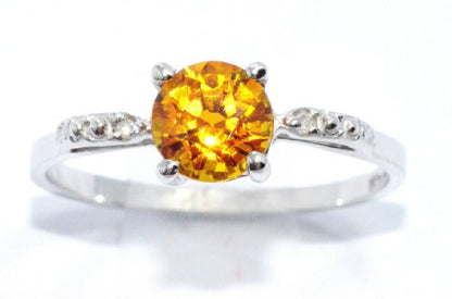 1 Ct Yellow Citrine & Diamond Round Ring .925 Sterling Silver Rhodium Finish