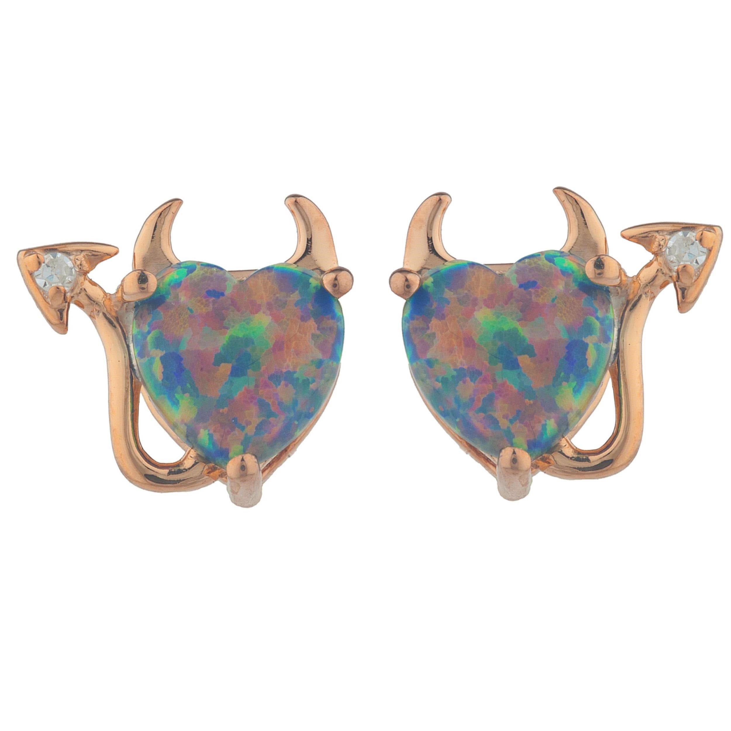 14Kt Gold Black Opal & Diamond Devil Heart Stud Earrings