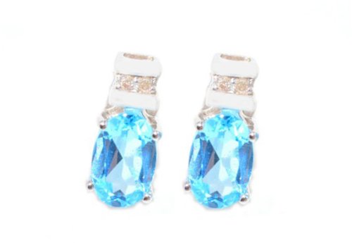 1 Ct Blue Topaz Oval Diamond Stud Earrings .925 Sterling Silver