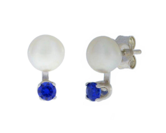 3mm Blue Sapphire & White Pearl Stud Earrings .925 Sterling Silver