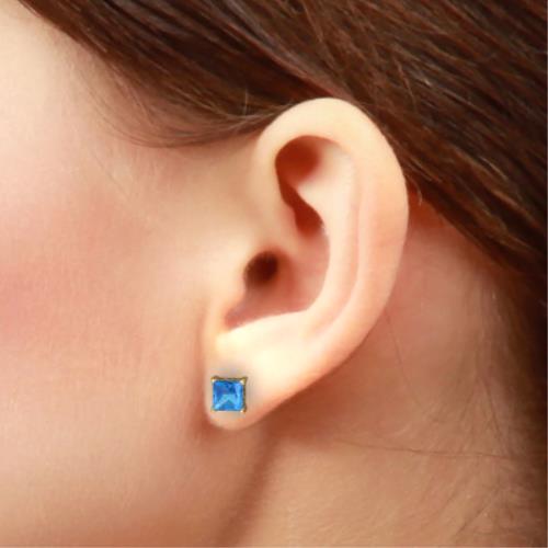 2 Ct Blue Topaz Princess Cut Stud Earrings 14Kt Yellow Gold