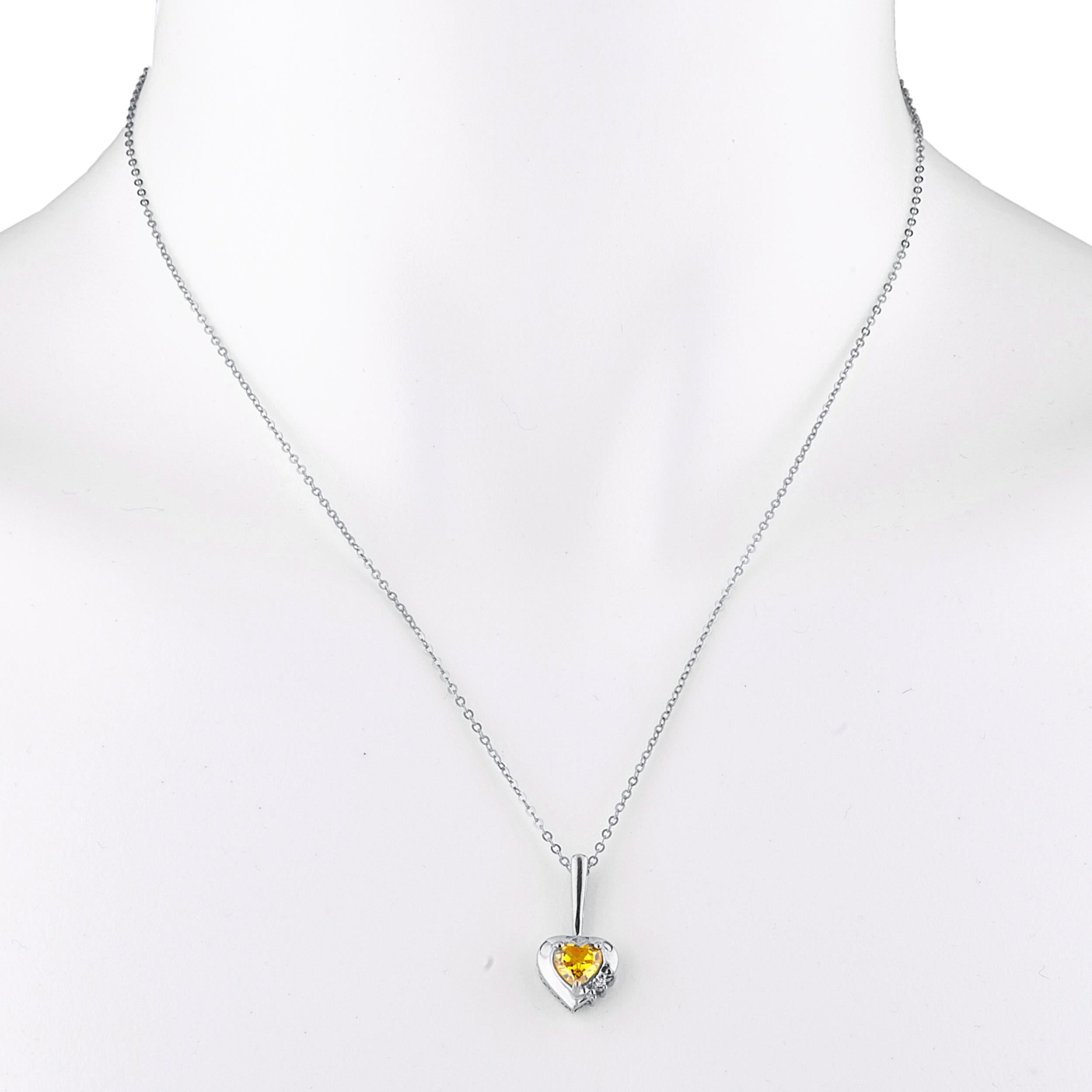 14Kt Gold Yellow Citrine & Diamond Heart Design Pendant Necklace