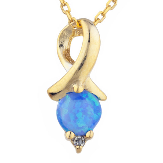 14Kt Yellow Gold Plated Blue Opal & Diamond Round Design Pendant