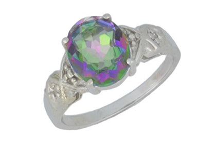 3 Ct Genuine Mystic Topaz & Diamond Oval Ring .925 Sterling Silver Rhodium Finish