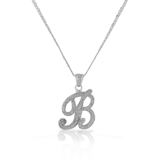 Letter B Cursive Initial CZ Pendant .925 Sterling Silver