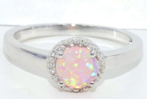 6mm Pink Opal Round Diamond Ring .925 Sterling Silver Rhodium Finish