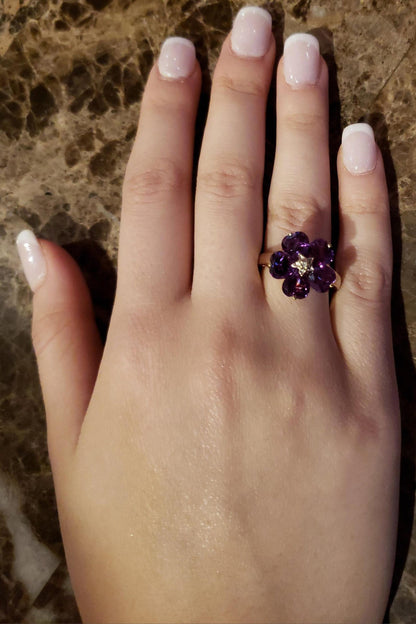 14Kt Gold Amethyst & Diamond Heart Flower Design Ring