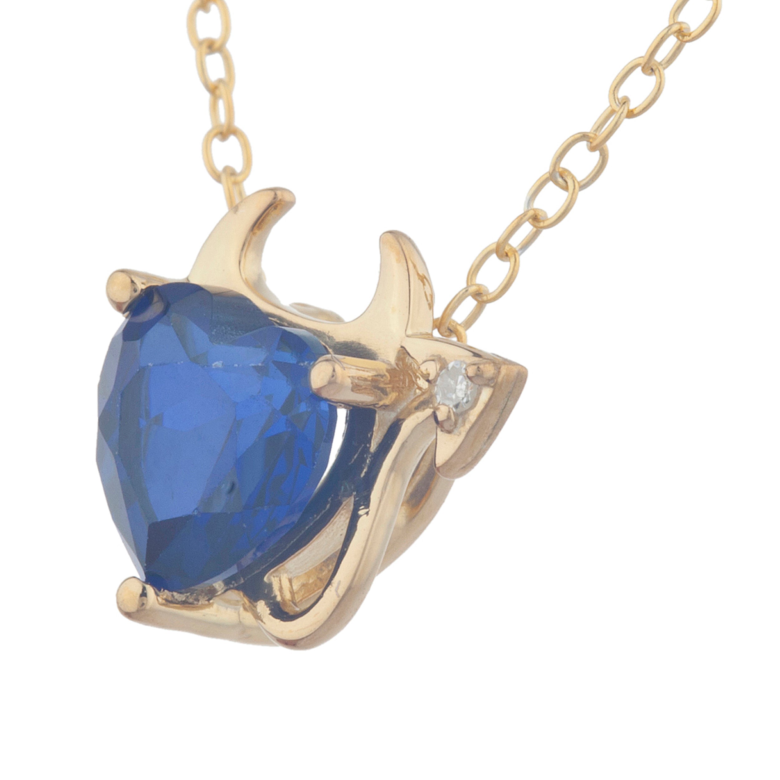 14Kt Gold 1.5 Ct Blue Sapphire & Diamond Devil Heart Pendant Necklace