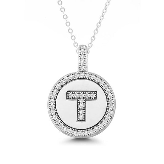 Letter T Micro Pave Initial CZ Pendant .925 Sterling Silver