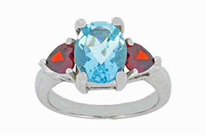 4 Ct Aquamarine Oval & Garnet Heart Ring .925 Sterling Silver Rhodium Finish