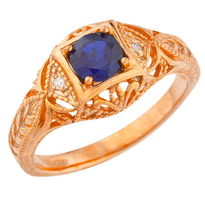 14Kt Gold Blue Sapphire & Diamond Design Round Ring