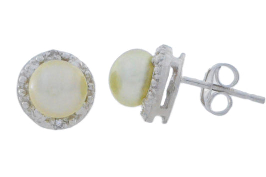 Natural Green Freshwater Pearl & Diamond Round Stud Earrings 14Kt White Gold