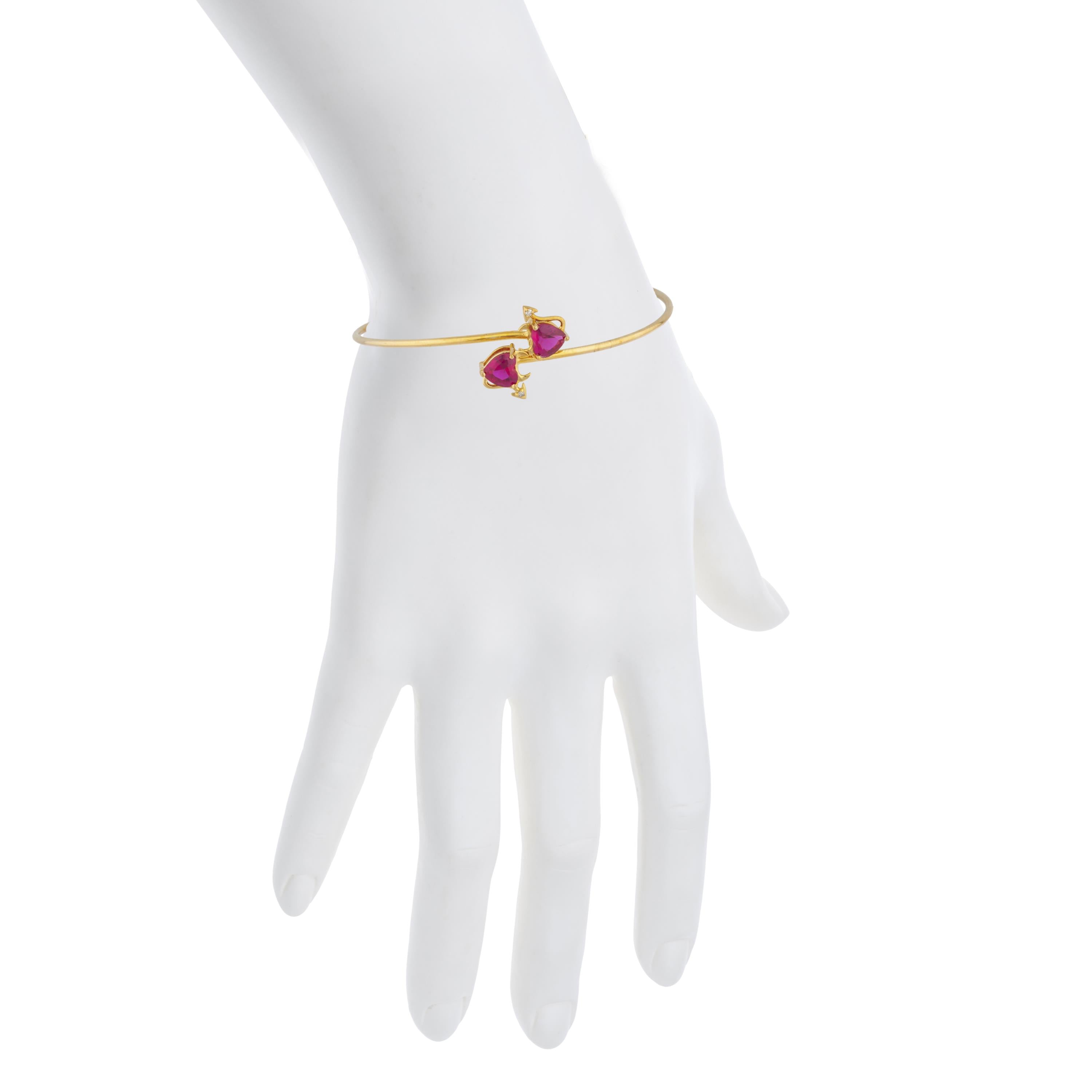 Created Ruby & Diamond Devil Heart Bangle Bracelet 14Kt Yellow Gold Rose Gold Silver