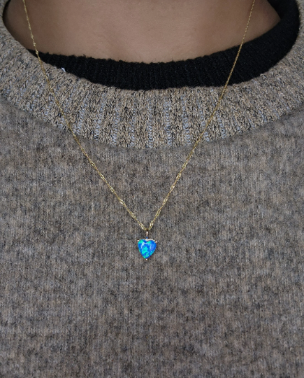 14Kt Gold Blue Opal Heart Pendant Necklace