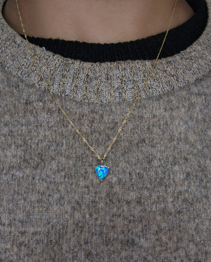 14Kt Gold Blue Opal Heart Pendant Necklace