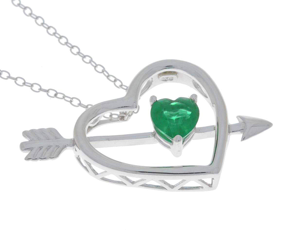 Emerald Heart Bow & Arrow Pendant .925 Sterling Silver Rhodium Finish