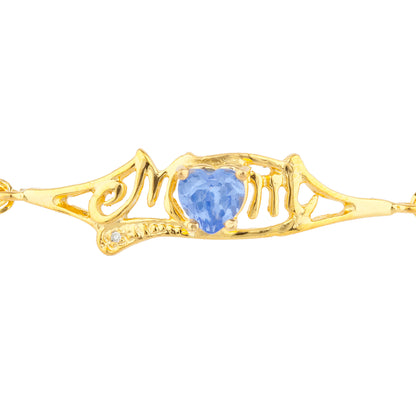 Tanzanite & Diamond Heart Mom Bracelet 14Kt Yellow Gold Plated Over .925 Sterling Silver