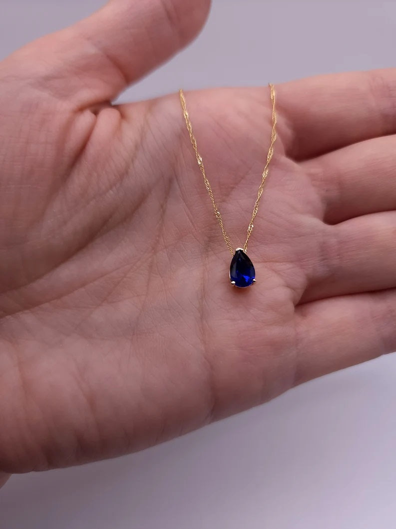 14Kt Gold Blue Sapphire Teardrop Pendant Necklace