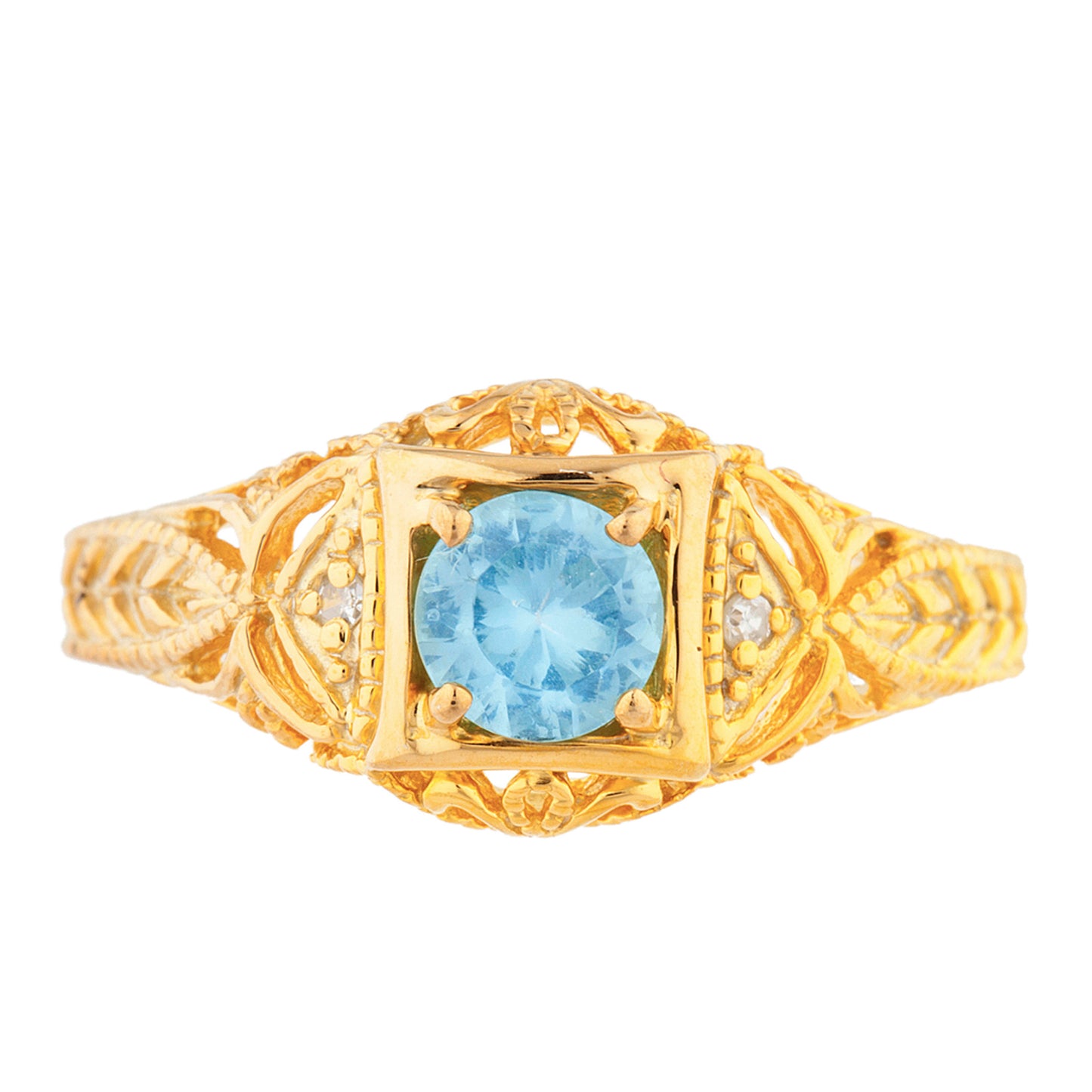 14Kt Gold Blue Topaz & Diamond Design Round Ring