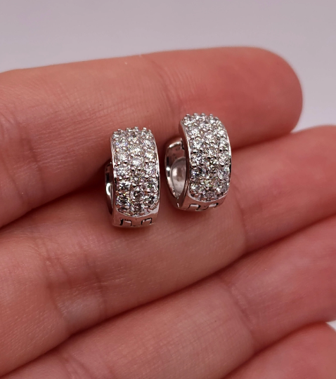 14K Gold 0.76 Ct Genuine Natural Diamond 3 Row Huggie Earrings