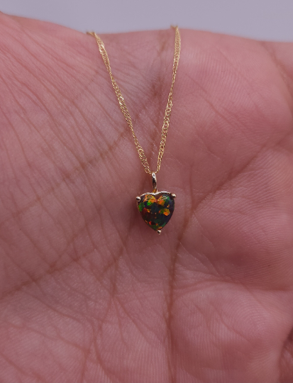 14Kt Gold Black Opal Heart Pendant Necklace