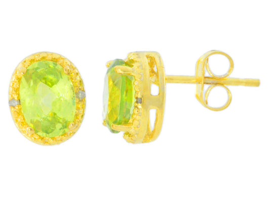 2 Ct Peridot & Diamond Oval Stud Earrings 14Kt Yellow Gold Plated