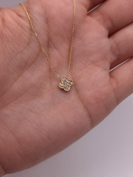 14Kt Gold Genuine Natural Diamond Clover Pendant Necklace