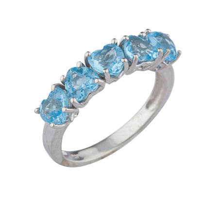 5 Hearts Blue Topaz Heart Ring .925 Sterling Silver Rhodium Finish