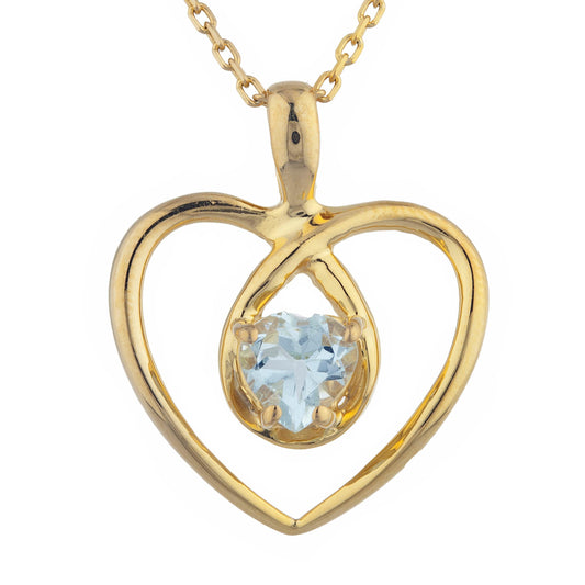 14Kt Gold Genuine Aquamarine Heart Design Pendant Necklace