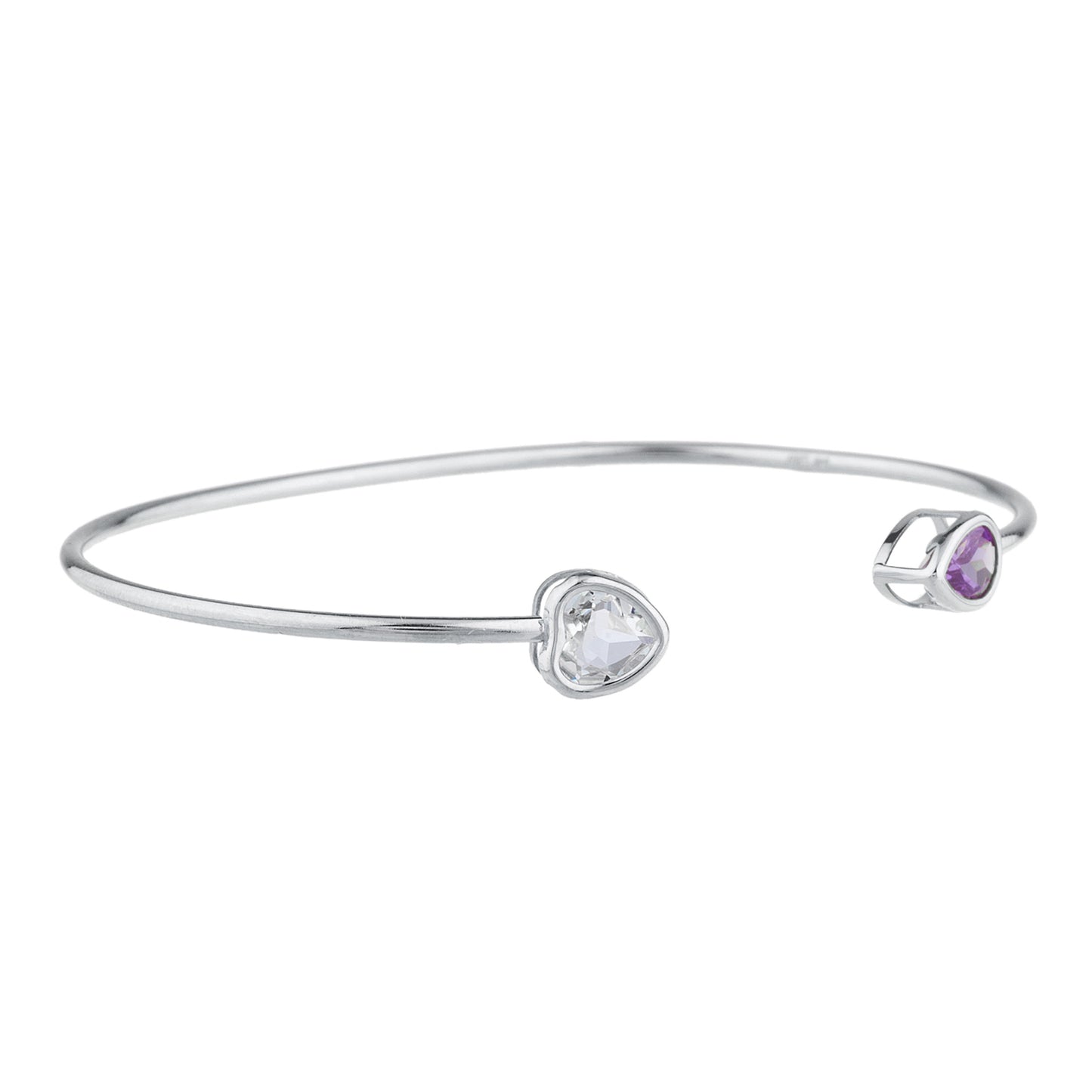 Genuine Aquamarine Heart & Alexandrite Pear Bezel Bangle Bracelet .925 Sterling Silver Rhodium Finish