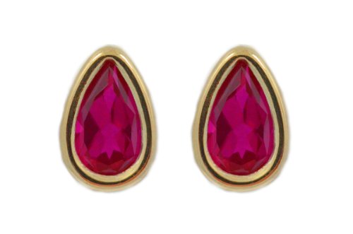 14Kt Yellow Gold Created Ruby Pear Bezel Stud Earrings