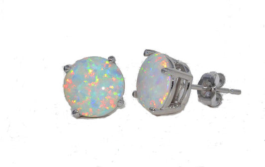 14Kt White Gold Opal Round Stud Earrings