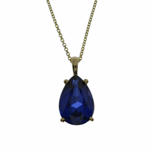 14Kt Gold Blue Sapphire Teardrop Pendant Necklace