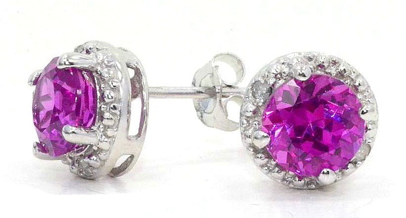 14Kt White Gold Pink Sapphire & Diamond Round Stud Earrings