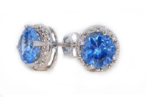 2 Ct Blue Topaz Round Diamond Stud Earrings .925 Sterling Silver