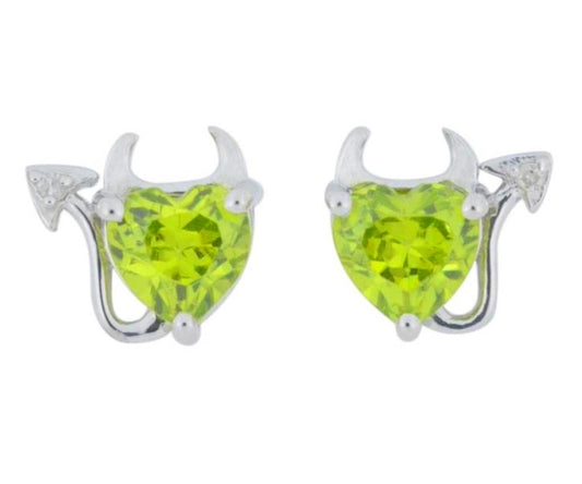 Peridot & Diamond Devil Heart Stud Earrings 14Kt White Gold