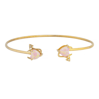 Pink Opal & Diamond Devil Heart Bangle Bracelet 14Kt Yellow Gold Rose Gold Silver