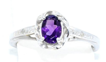 0.50 Ct Amethyst & Diamond Oval Ring .925 Sterling Silver Rhodium Finish