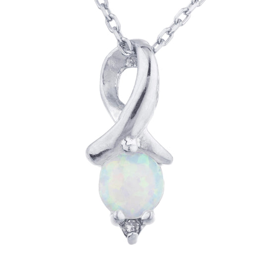 Opal & Diamond Round Design Pendant .925 Sterling Silver