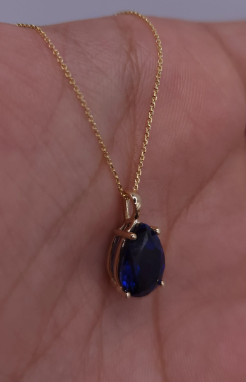 14Kt Gold Blue Sapphire Teardrop Pendant Necklace